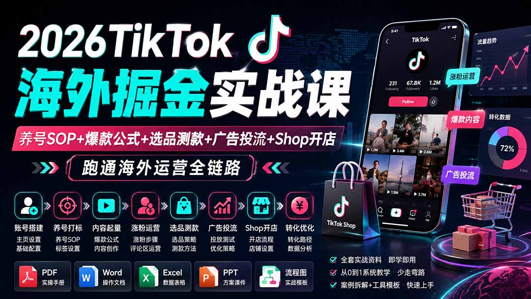2026TikTok海外掘金实战课——养号SOP+爆款公式+选品测款+广告投流+Shop开店，跑通海外运营全链路-御文网