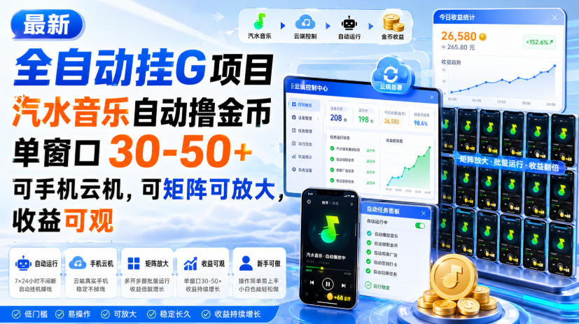最新全自动挂G项目，汽水音乐自动撸金币单窗口30-50+，可手机云机，可矩阵可放大，收益可观-御文网