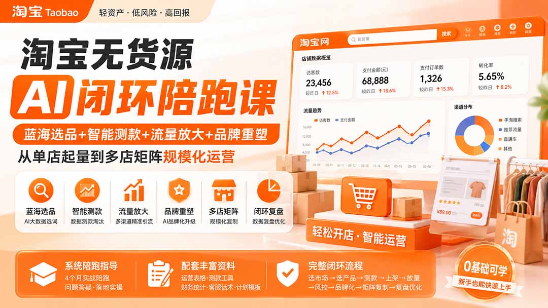 淘宝无货源AI闭环陪跑课：蓝海选品+智能测款+流量放大+品牌重塑，从单店起量到多店矩阵规模化运营-御文网