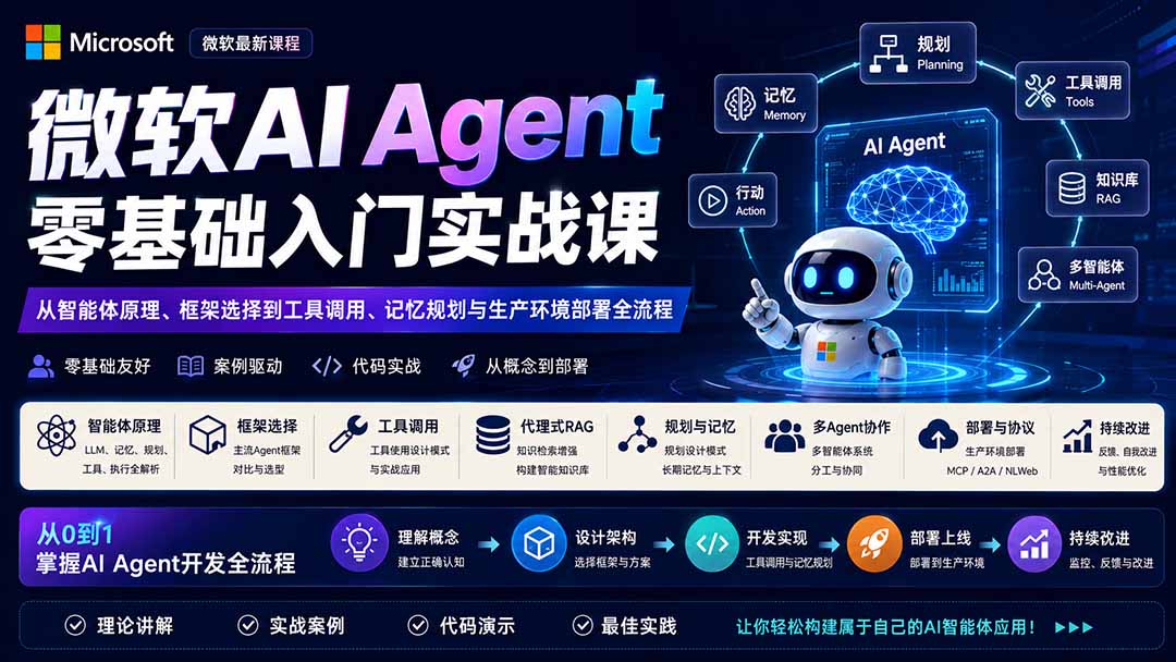 微软AI Agent零基础入门实战课：从智能体原理、框架选择到工具调用、记忆规划与生产环境部署全流程-御文网