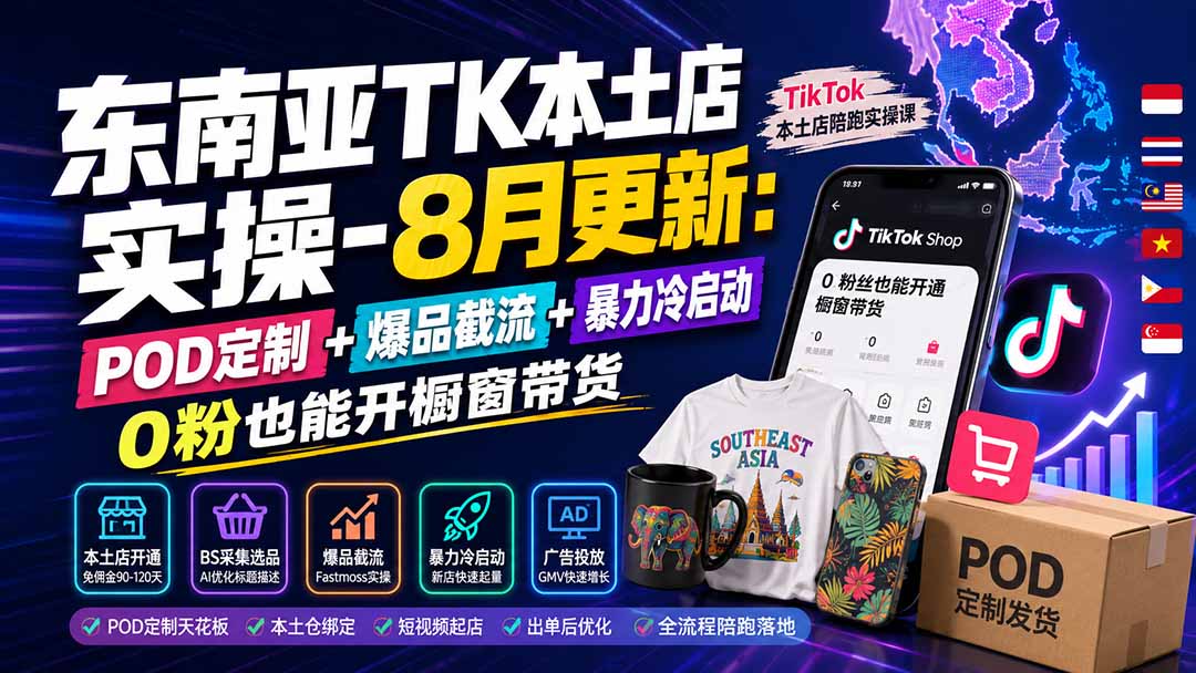 东南亚TK本土店实操-8月更新：POD定制+爆品截流+暴力冷启动，0粉也能开橱窗带货-御文网