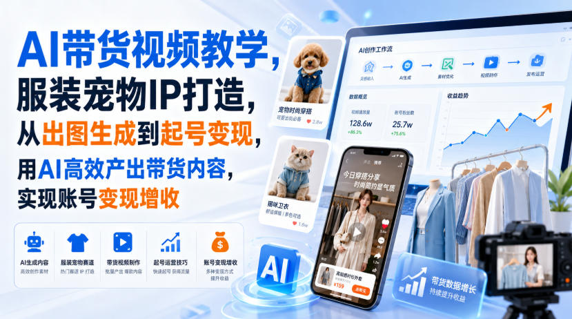 AI带货视频教学,服装宠物IP打造,从出图生成到起号变现,用AI高效产出带货内容,实现账号变现增收-御文网