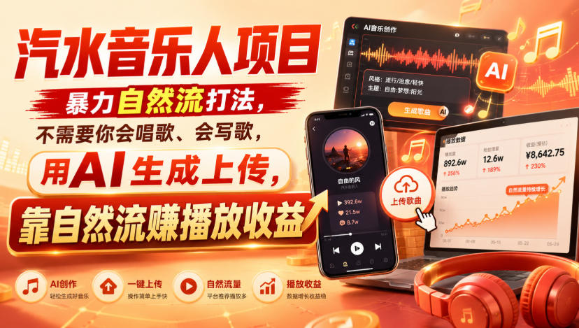 汽水音乐人项目,暴力自然流打法,不需要你会唱歌、会写歌,用AI生成上传,靠自然流賺播放收益-御文网
