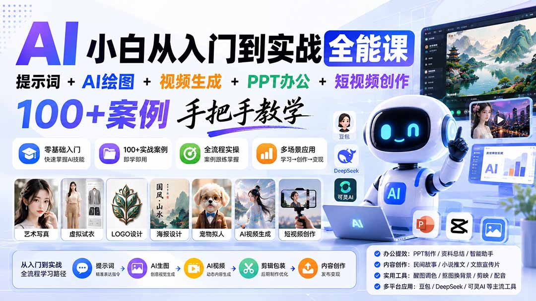 AI小白从入门到实战全能课：提示词+AI绘图+视频生成+PPT办公+短视频创作，100+案例手把手教学-御文网