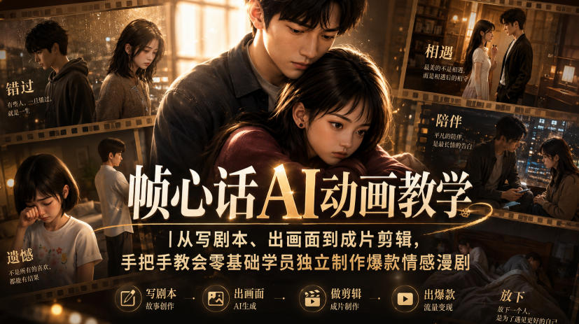帧心话AI动画教学|从写剧本、出画面到成片剪辑,手把手教会零基础学员独立制作爆款情感漫剧-御文网