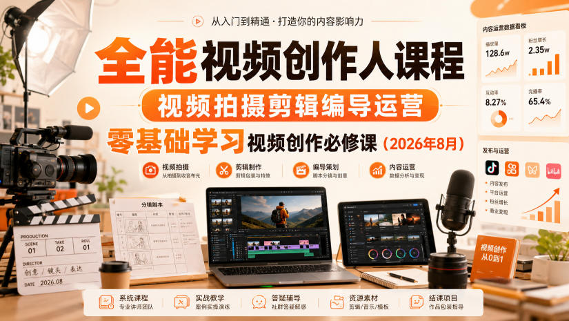 全能视频创作人课程,视频拍摄剪辑编导运营,零基础学习视频创作必修课(2026年8月)-御文网