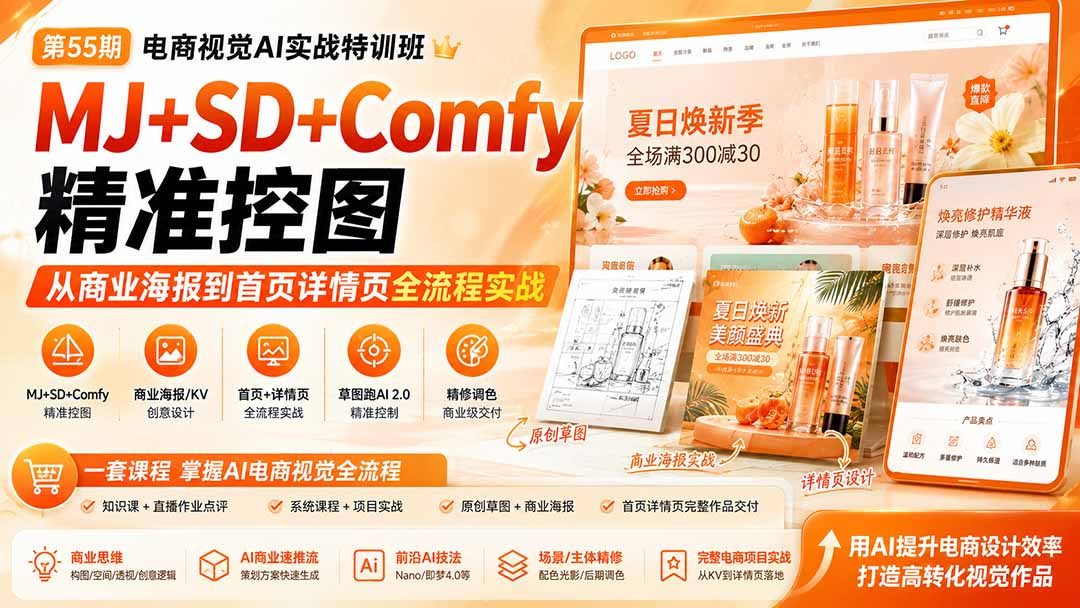 电商视觉 AI实战训练营第55期：MJ+SD+Comfy精准控图，从商业海报到首页详情页全流程实战-御文网