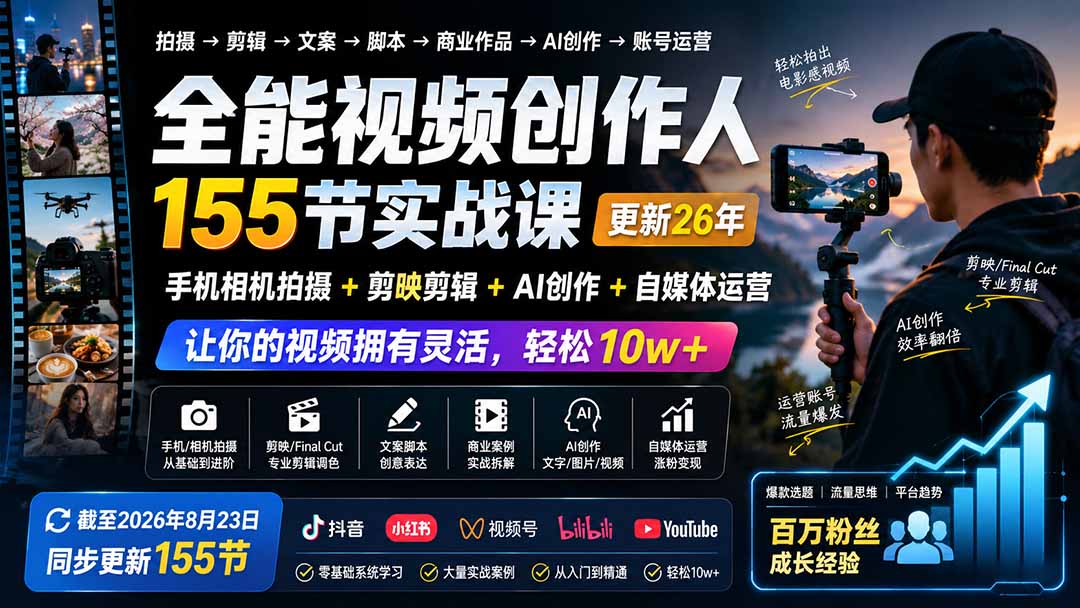 全能视频创作人155节实战课-更新26年8月：手机相机拍摄+剪映剪辑+AI创作+自媒体运营，让你的视频拥有灵活，轻松10w-御文网