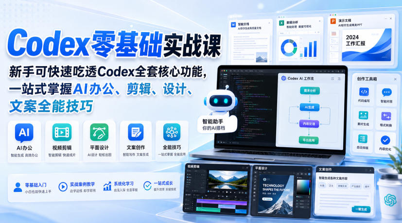 Codex零基础实战课,新手可快速吃透Codex全套核心功能,一站式掌握AI办公、剪辑、设计、文案全能技巧-御文网
