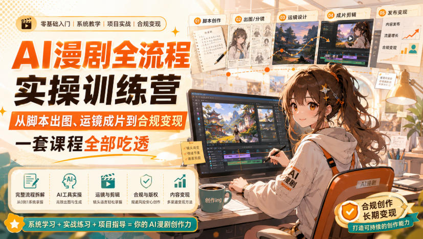 AI漫剧全流程实操训练营,从脚本出图、运镜成片到合规变现,一套课程全部吃透-御文网