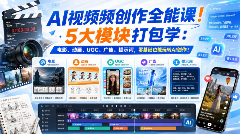 AI视频频创作全能课!5大模块打包学:电影、动画、UGC、广告、提示词,零基础也能玩转AI创作!【原创双语字幕】-御文网