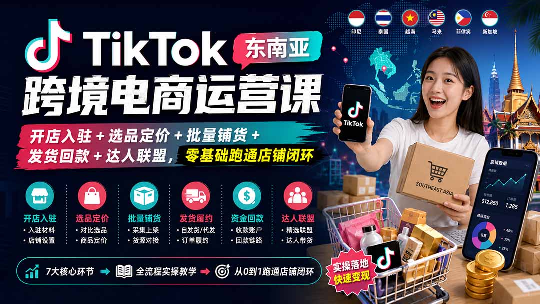 TikTok东南亚跨境电商运营课：开店入驻+选品定价+批量铺货+发货回款+达人联盟，零基础跑通店铺闭环-御文网