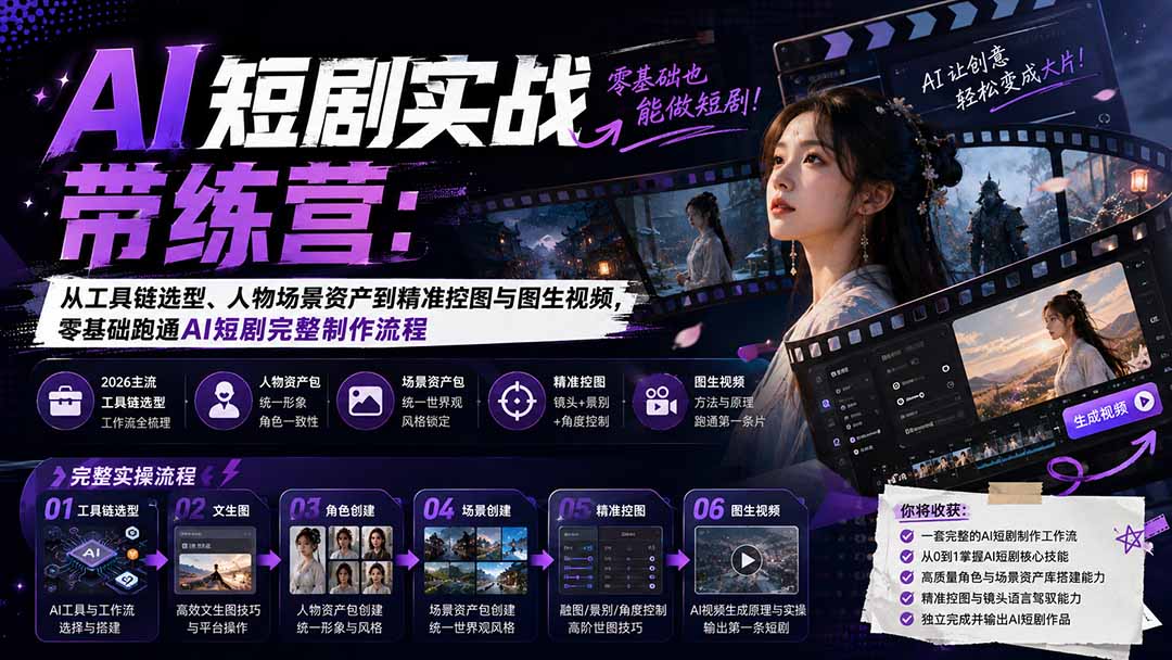 AI短剧实战训练营：从工具链选型、人物场景资产到精准控图与图生视频，零基础跑通AI短剧完整制作流程-御文网