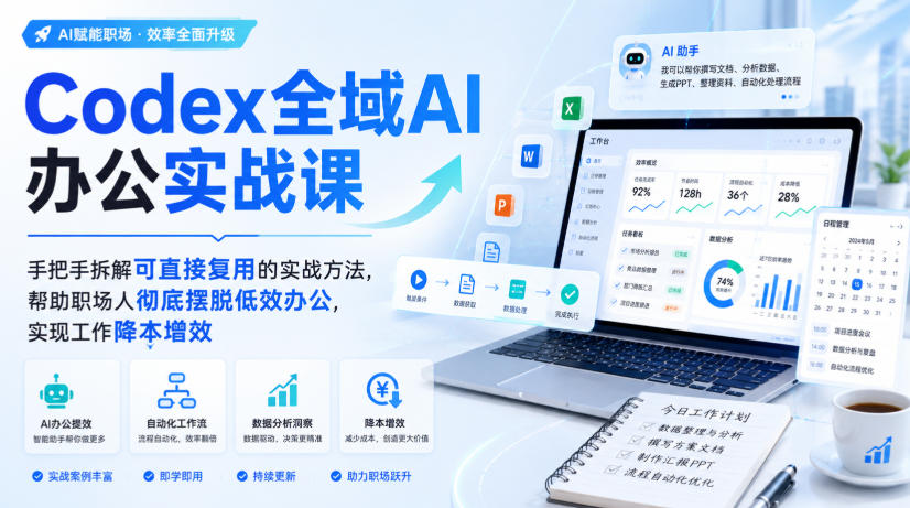 Codex全域AI办公实战课,手把手拆解可直接复用的实战方法,帮助职场人彻底摆脱低效办公,实现工作降本增效-御文网