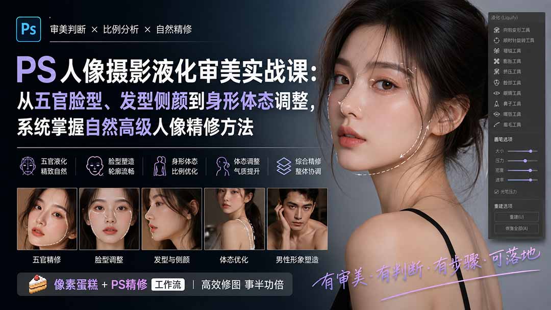 PS人像摄影液化审美实战课：从五官脸型、发型侧颜到身形体态调整，系统掌握自然高级人像精修方法-御文网