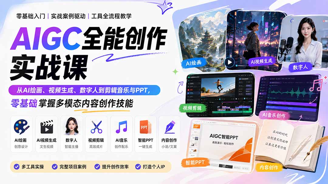 AIGC全能创作实战课：从AI绘画、视频生成、数字人到剪辑音乐与PPT，零基础掌握多模态内容创作技能-御文网