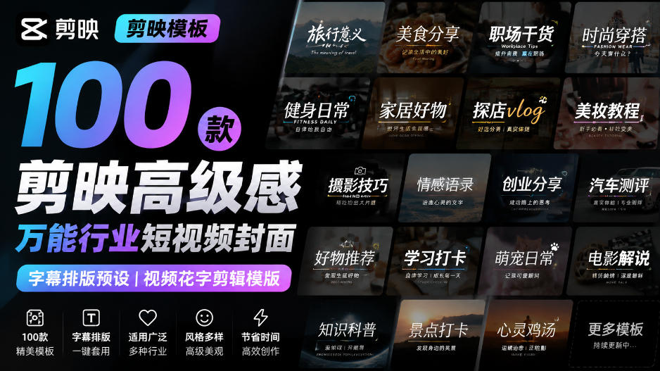 【剪映模板】100款剪映高级感万能行业短视频封面字幕排版预设视频花字剪辑模版-御文网