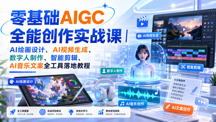 零基础AIGC全能创作实战课|AI绘画设计、AI视频生成、数字人制作、智能剪辑、AI音乐文案全工具落地教程-御文网