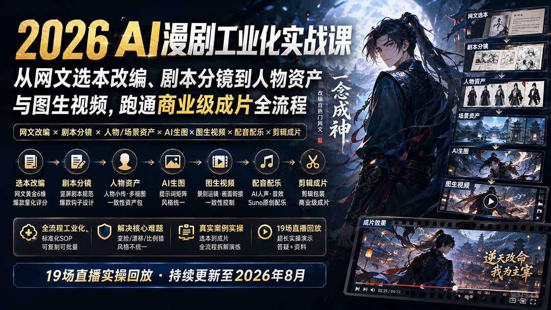 2026 AI漫剧工业化实战课-更新：从网文选本改编、剧本分镜到人物资产与图生视频，跑通商业级成片全流程-御文网
