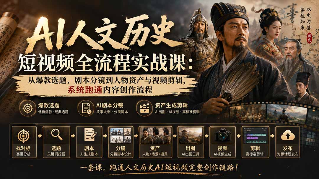AI人文历史短视频全流程实战课：从爆款选题、剧本分镜到人物资产与视频剪辑，系统跑通内容创作流程-御文网