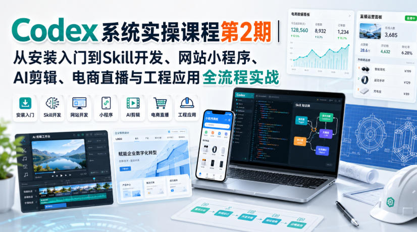 Codex系统实操课程第2期|从安装入门到Skill开发、网站小程序、AI剪辑、电商直播与工程应用全流程实战-御文网