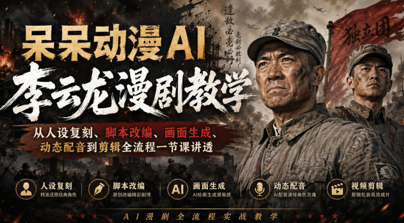 呆呆动漫AI李云龙漫剧教学，从人设复刻、脚本改编、画面生成、动态配音到剪辑全流程一节课讲透-御文网
