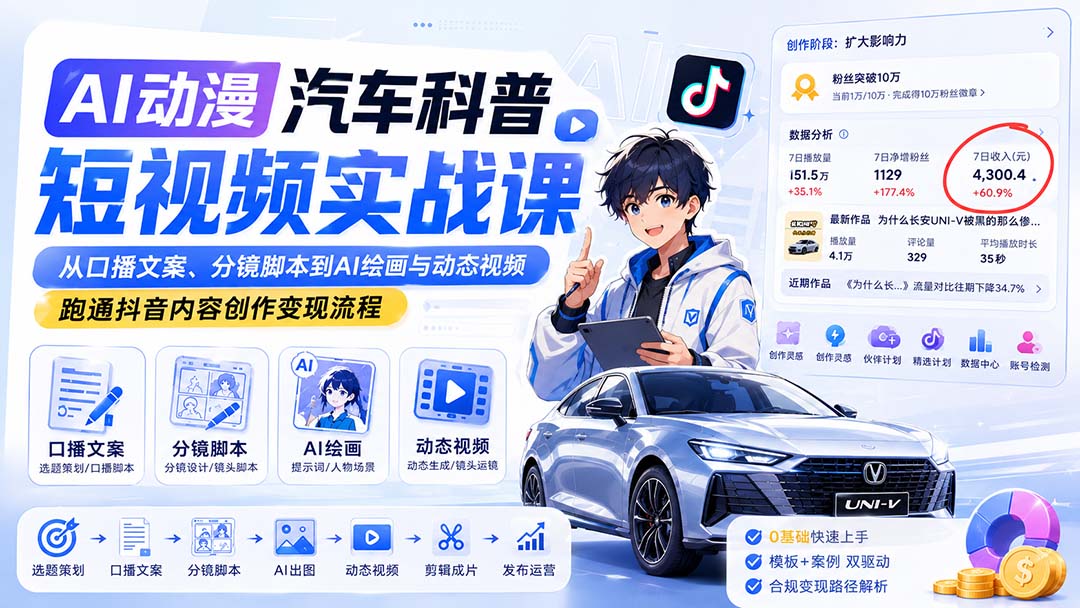 AI动漫汽车科普短视频实战课：从口播文案、分镜脚本到AI绘画与动态视频，跑通抖音内容创作变现流程-御文网