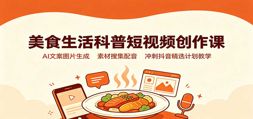 美食生活科普短视频创作课:AI文案图片生成,素材搜集配音,冲刺抖音精选计划教学-御文网