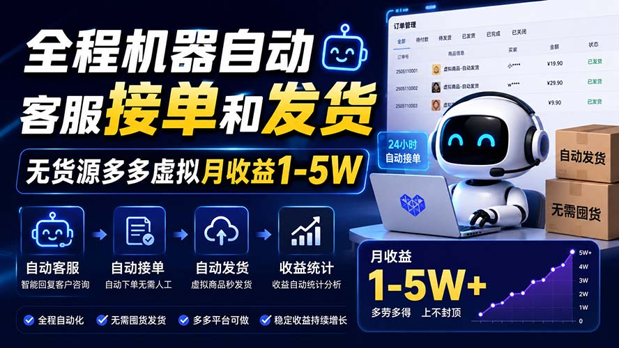 全程机器自动客服接单和发货，无货源多多虚拟月收益1-5W-御文网