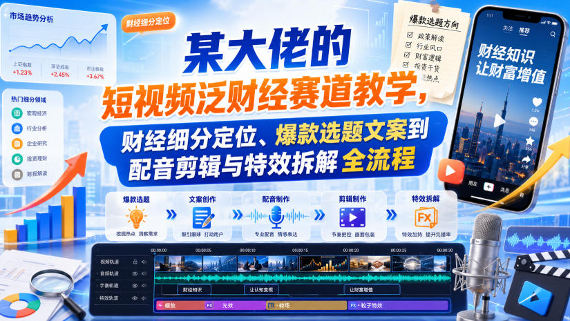 某大佬的短视频泛财经赛道教学，财经细分定位、爆款选题文案到配音剪辑与特效拆解全流程-御文网