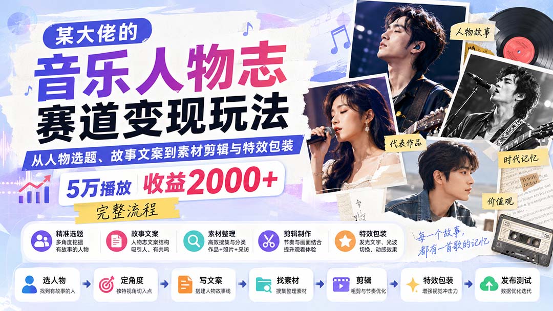 某大佬的音乐人物志赛道变现玩法：从人物选题、故事文案到素材剪辑与特效包装，5万播放收益2000+完整流程-御文网