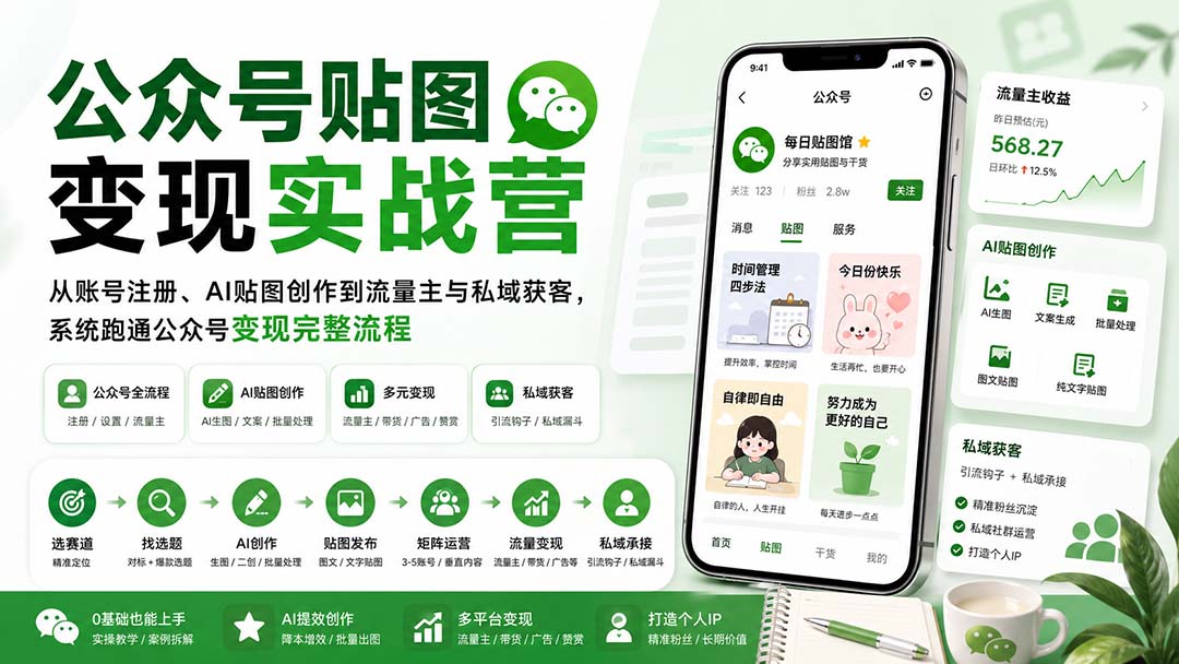 公众号贴图变现实战营：从账号注册、AI贴图创作到流量主与私域获客，系统跑通公众号变现完整流程-御文网