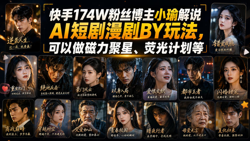 快手174W粉丝博主小瑜解说AI短剧漫剧搬运玩法，可以做磁力聚星、荧光计划等-御文网
