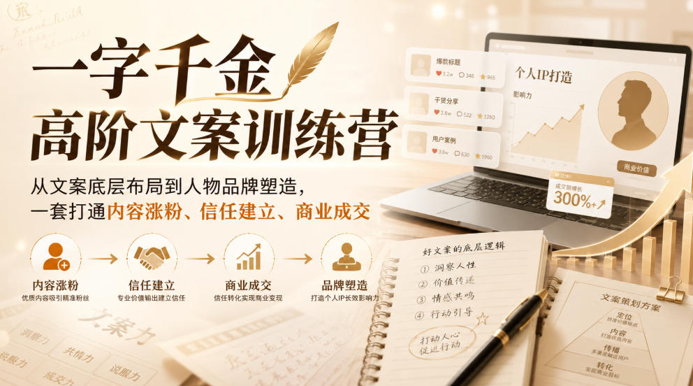 一字千金高阶文案训练营，从文案底层布局到人物品牌塑造，一套打通内容涨粉、信任建立、商业成交-御文网