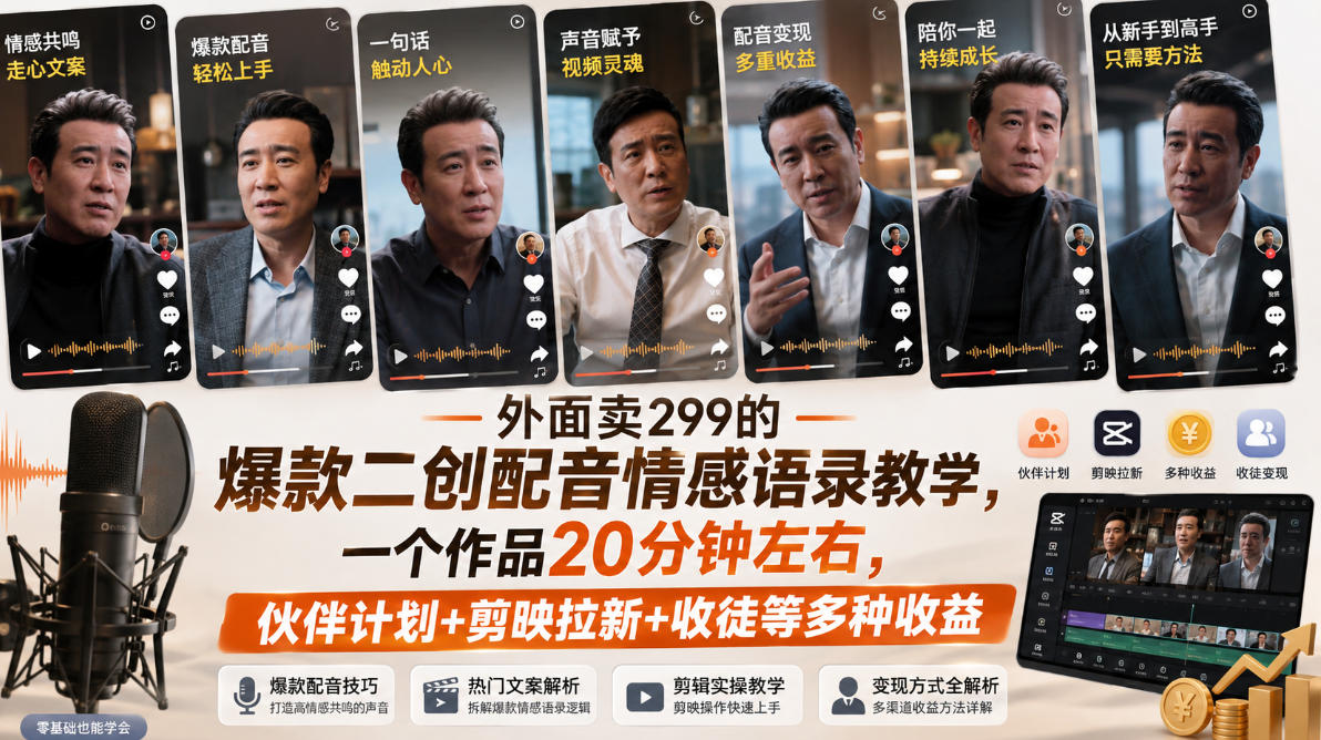 外面卖299的爆款二创配音情感语录教学,一个作品20分钟左右,伙伴计划+剪映拉新+收徒等多种收益-御文网