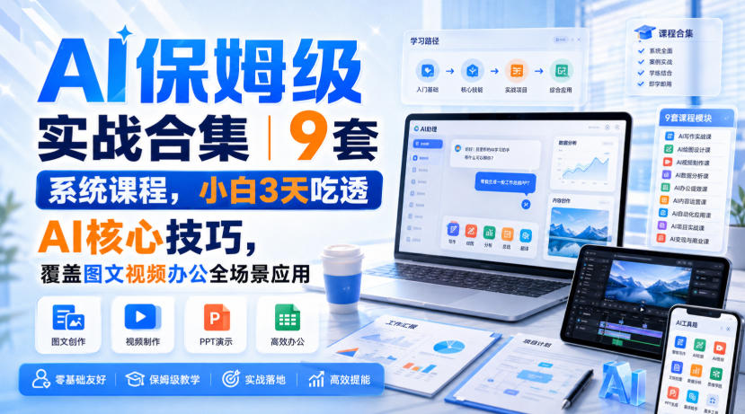 AI保姆级实战合集｜9套系统课程，小白3天吃透AI核心技巧，覆盖图文视频办公全场景应用-御文网