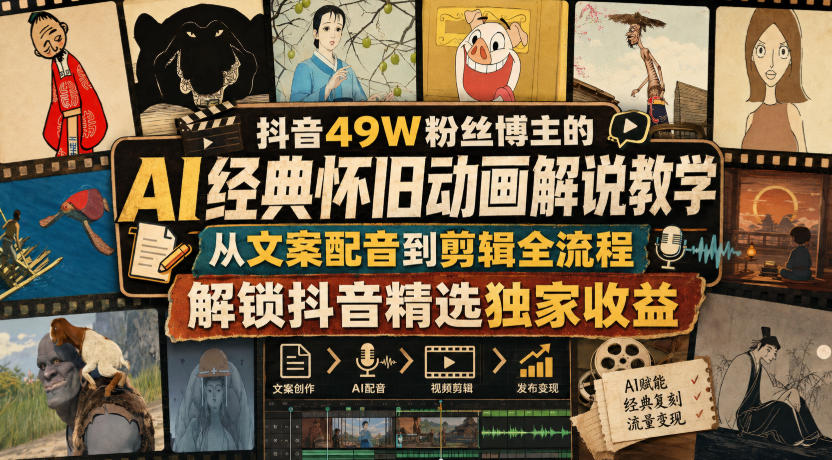 抖音49W粉丝博主的AI经典怀旧动画解说教学，从文案配音到剪辑全流程，解锁抖音精选独家收益-御文网