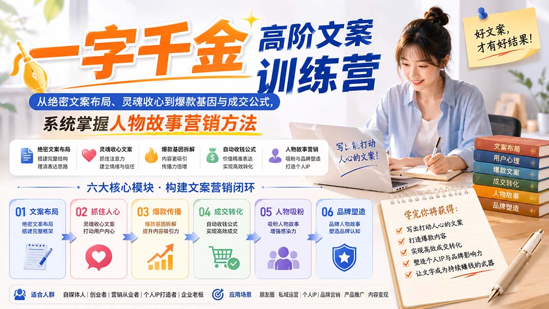 一字千金高阶文案训练营：从绝密文案布局、灵魂收心到爆款基因与成交公式，系统掌握人物故事营销方法-御文网