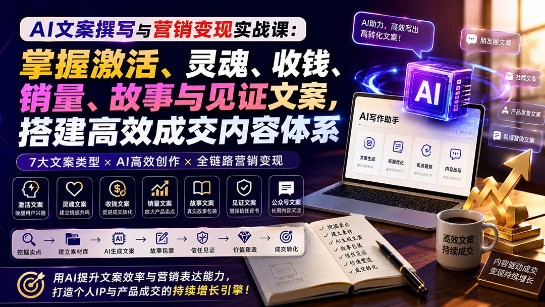 AI文案撰写与营销变现实战课：掌握激活、灵魂、收钱、销量、故事与见证文案，搭建高效成交内容体系-御文网