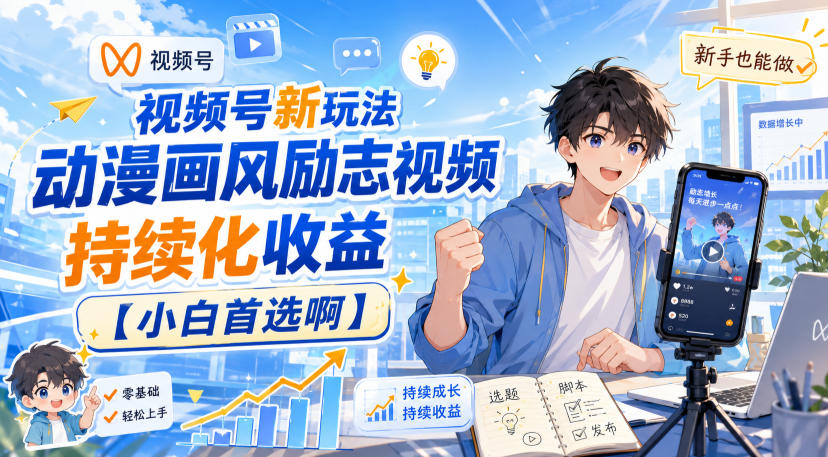 视频号新玩法动漫画风励志视频，持续化收益【小白首选啊】-御文网