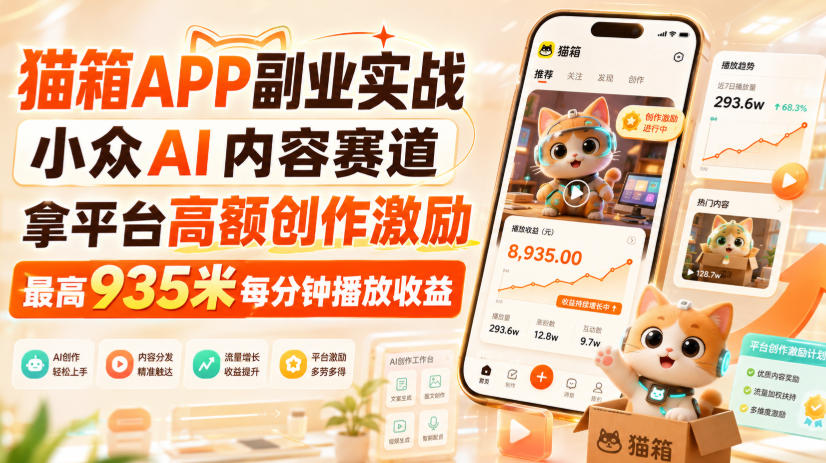 猫箱APP副业实战，小众AI内容赛道，拿平台高额创作激励，最高935米每分钟播放收益-御文网