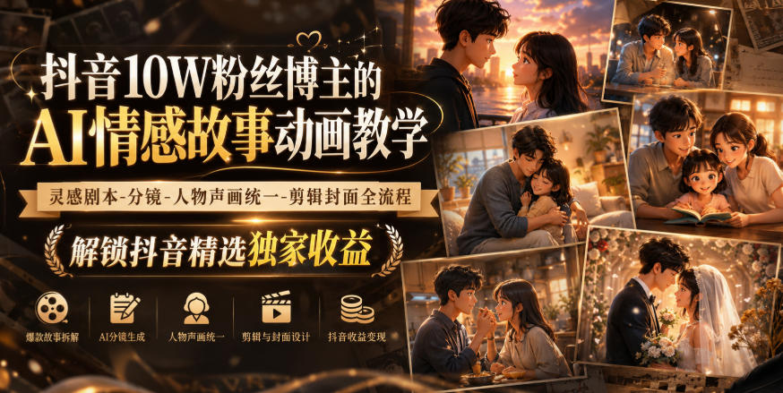 抖音10W粉丝博主的AI情感故事动画教学,灵感剧本‑分镜‑人物声画统一‑剪辑封面全流程,解锁抖音精选独家收益-御文网