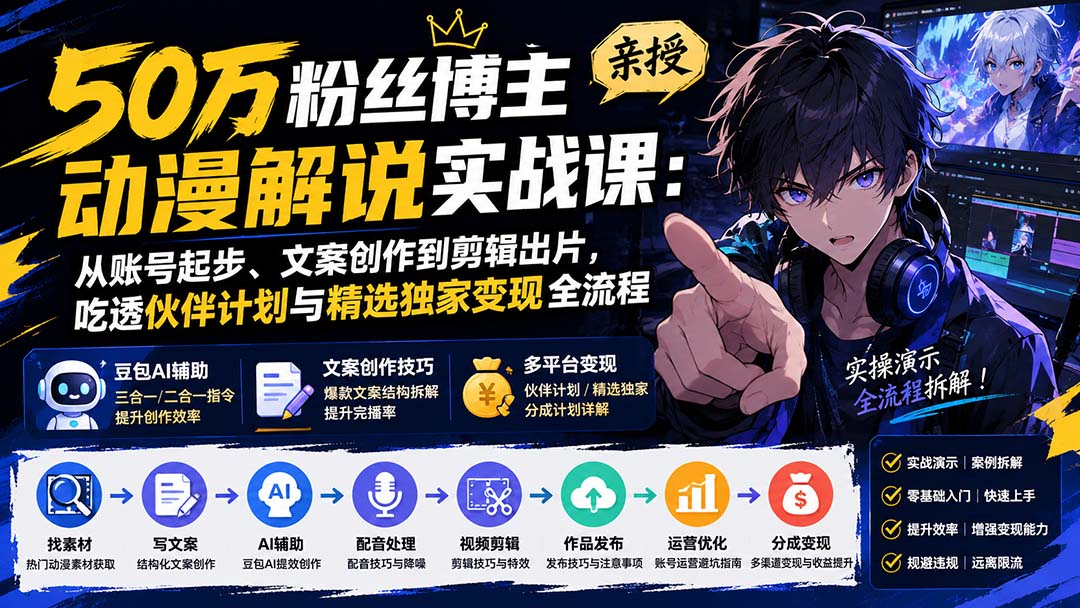 50万粉丝博主亲授动漫解说实战课：从账号起步、文案创作到剪辑出片，吃透伙伴计划与精选独家变现全流程-御文网
