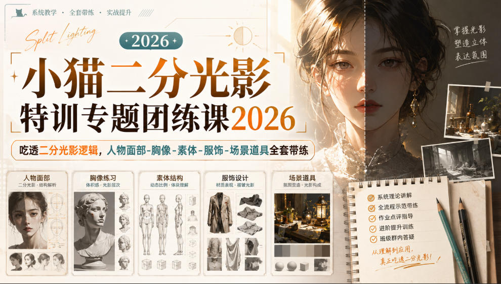 小猫二分光影特训专题团练课2026｜吃透二分光影逻辑，人物面部‑胸像‑素体‑服饰‑场景道具全套带练，高清画质附赠课件与笔刷-御文网