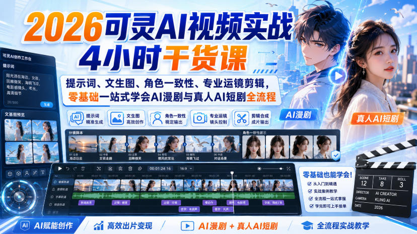 2026可灵AI视频实战4小时干货课|提示词、文生图、角色一致性、专业运镜剪辑,零基础一站式学会AI漫剧与真人AI短剧全流程-御文网