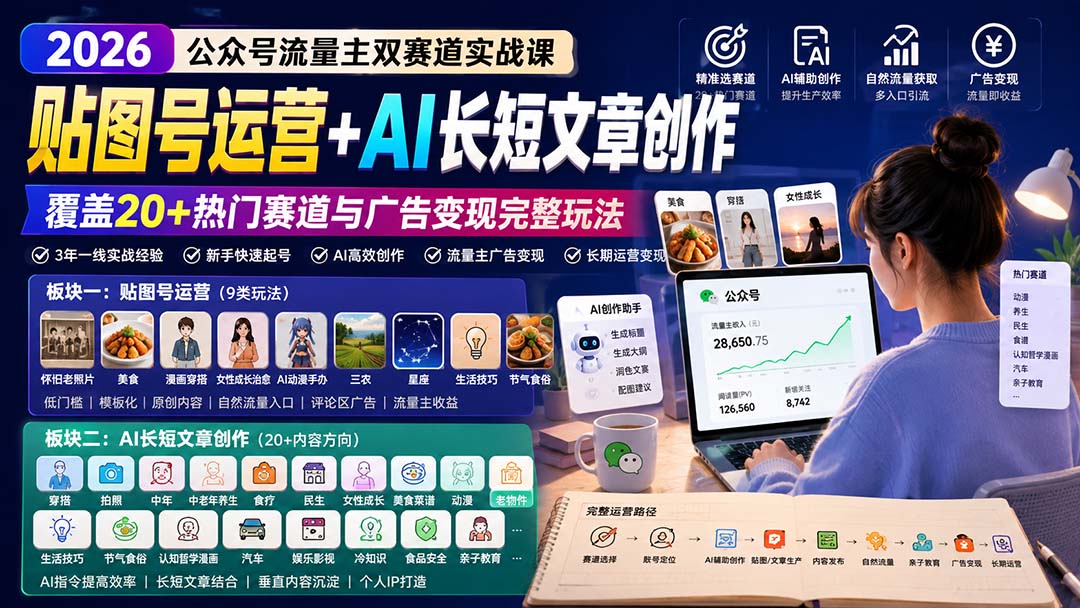 公众号流量主双赛道实战课：贴图号运营+AI长短文章创作，覆盖20+热门赛道与广告变现完整玩法-御文网