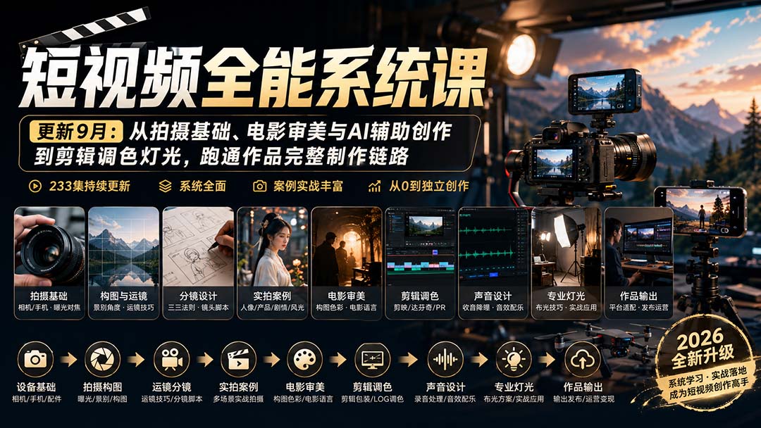 短视频全能系统课-更新8月233集：从拍摄基础、电影审美与AI辅助创作到剪辑调色灯光，跑通作品完整制作链路-御文网