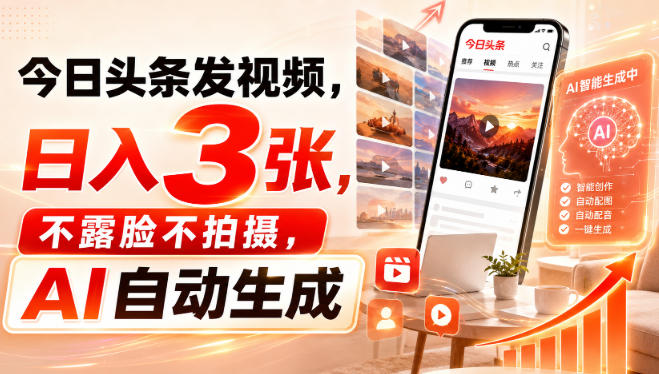 今日头条发视频,日入3张,不露脸不拍摄,AI自动生成-御文网