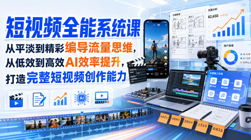 短视频全能系统课,从平淡到精彩编导流量思维,从低效到高效AI效率提升,打造完整短视频创作能力(2026年8月30更新233集)-御文网