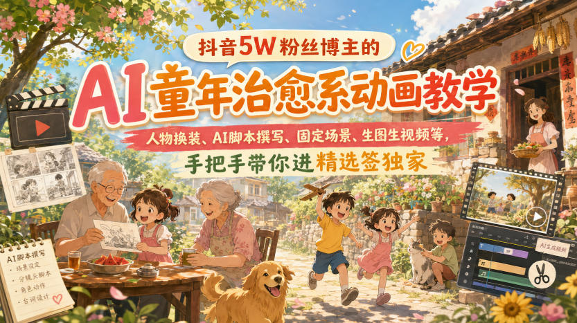 抖音5W粉丝博主的AI童年治愈系动画教学,人物换装、AI脚本撰写、固定场景、生图生视频等,手把手带你进精选签独家-御文网